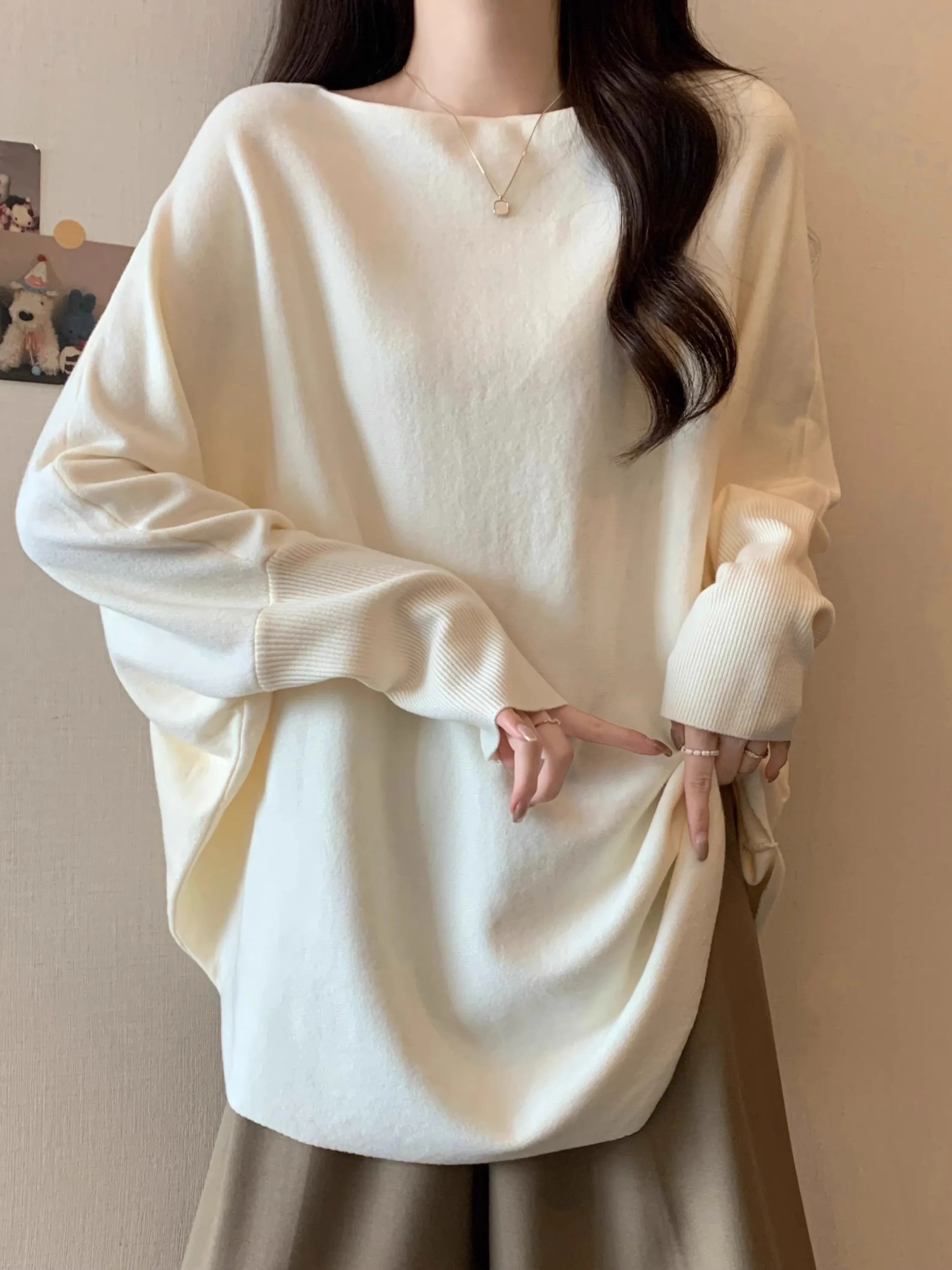 

Шикарный повседневный вязаный базовый слой с летучей мышью Long Sve для женщин, большие размеры, осенний ранний сезон, нерегулярный корейский Sle Faion...