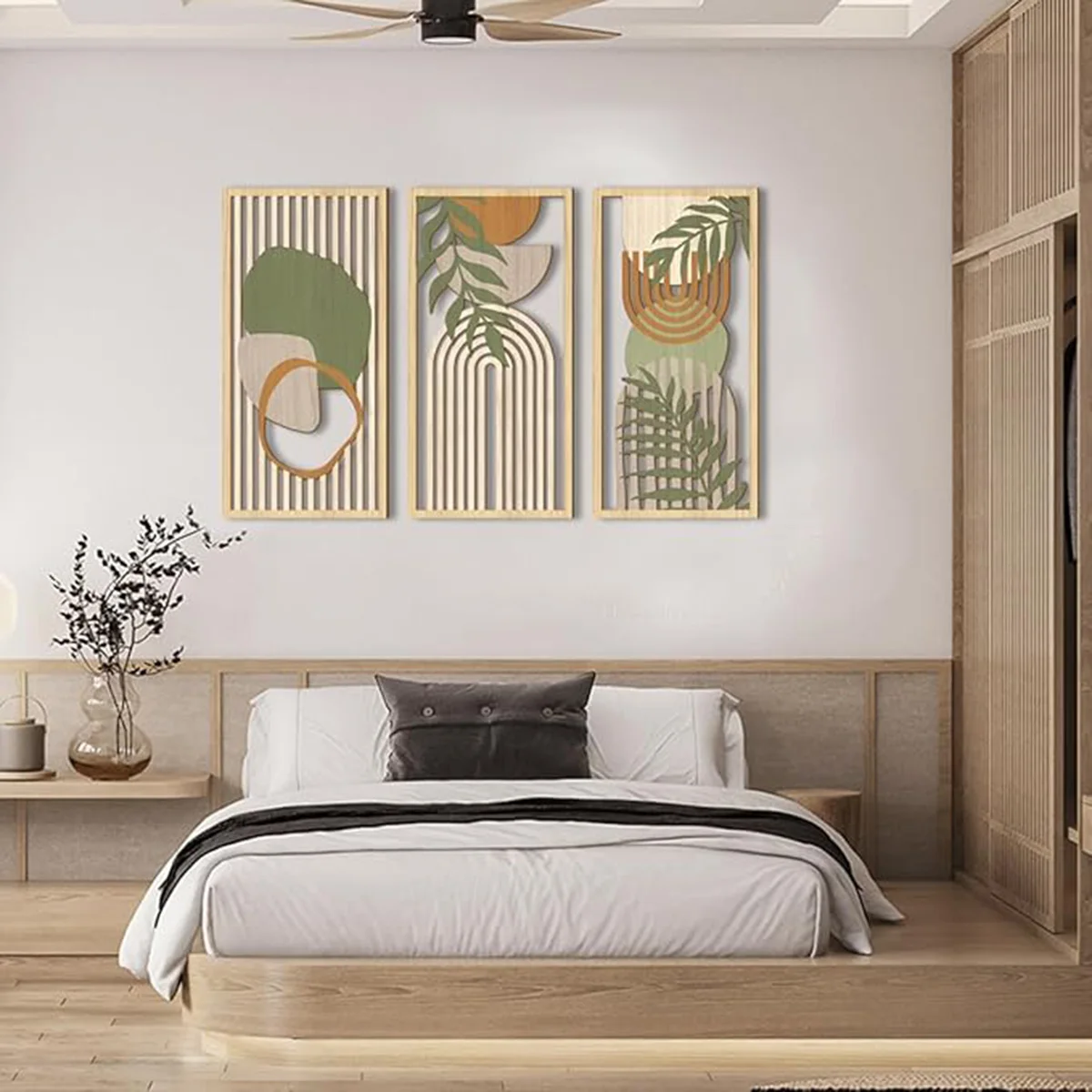 3pcs Bohemian Style Hollow Wooden Wall Art Abstract Geometry Decor for Bedroom Living Room Dining Room Porch