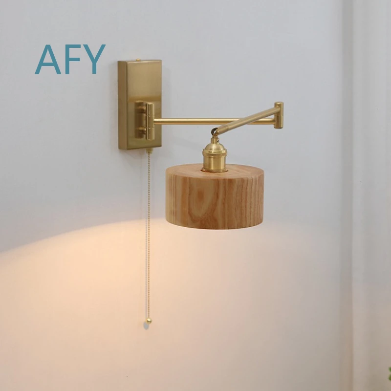 American Black Walnut Long Pole Wall Lamp for Nordic Bedroom Bedside Study Homestay Drawstring Switch Rotatable Bracket Light
