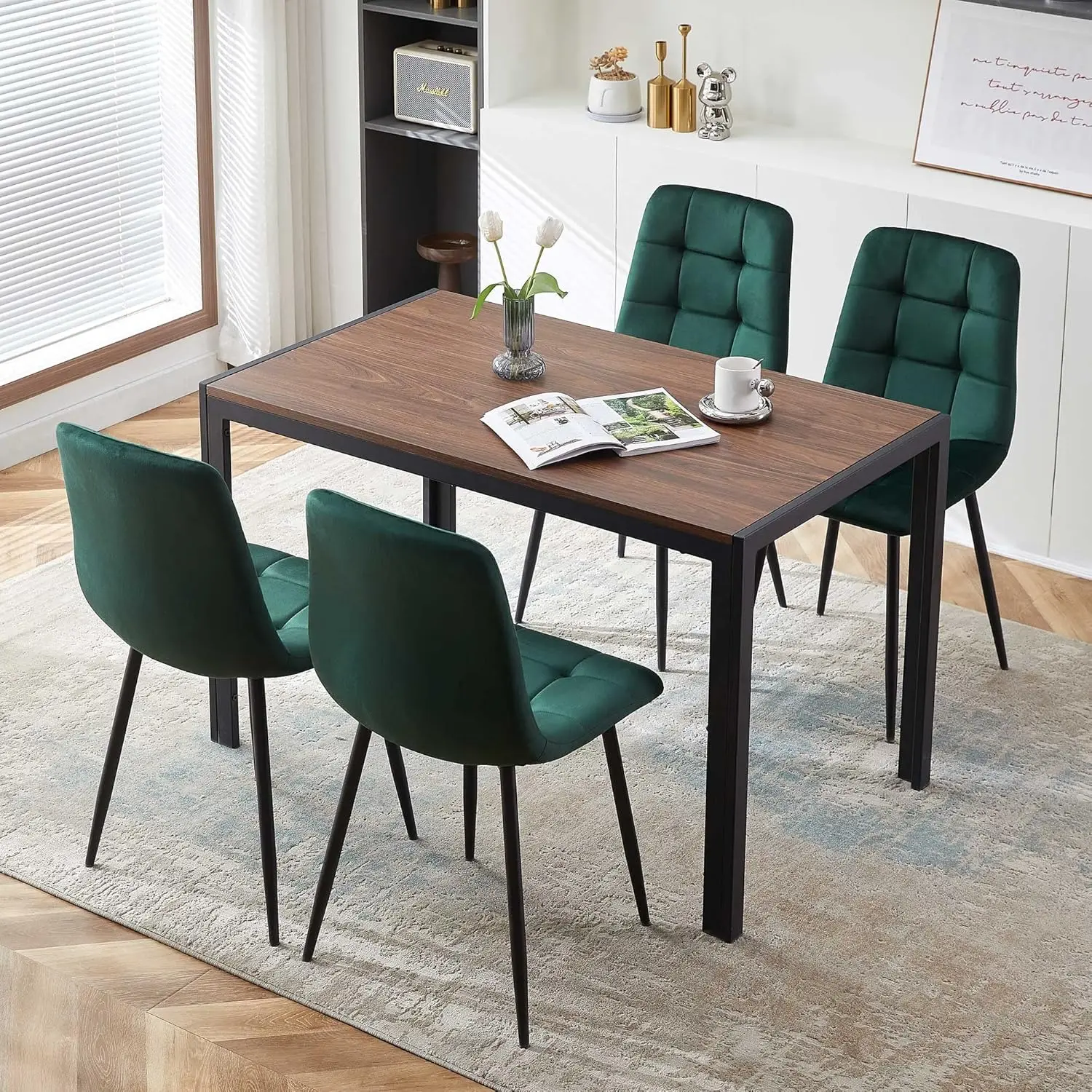 NORDICANA 5-Piece Dining Table Set, 47 in Modern Walnut Color Rectangle Kitchen Table & 4 Forest Green Velvet Upholstery Side Ch