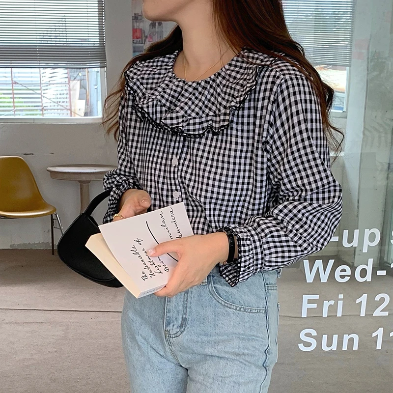 

Korean Sle Early Autumn Plaid Ruffle Collar Loose Long Sve Women's irt Design Sense Faion Commute Sle