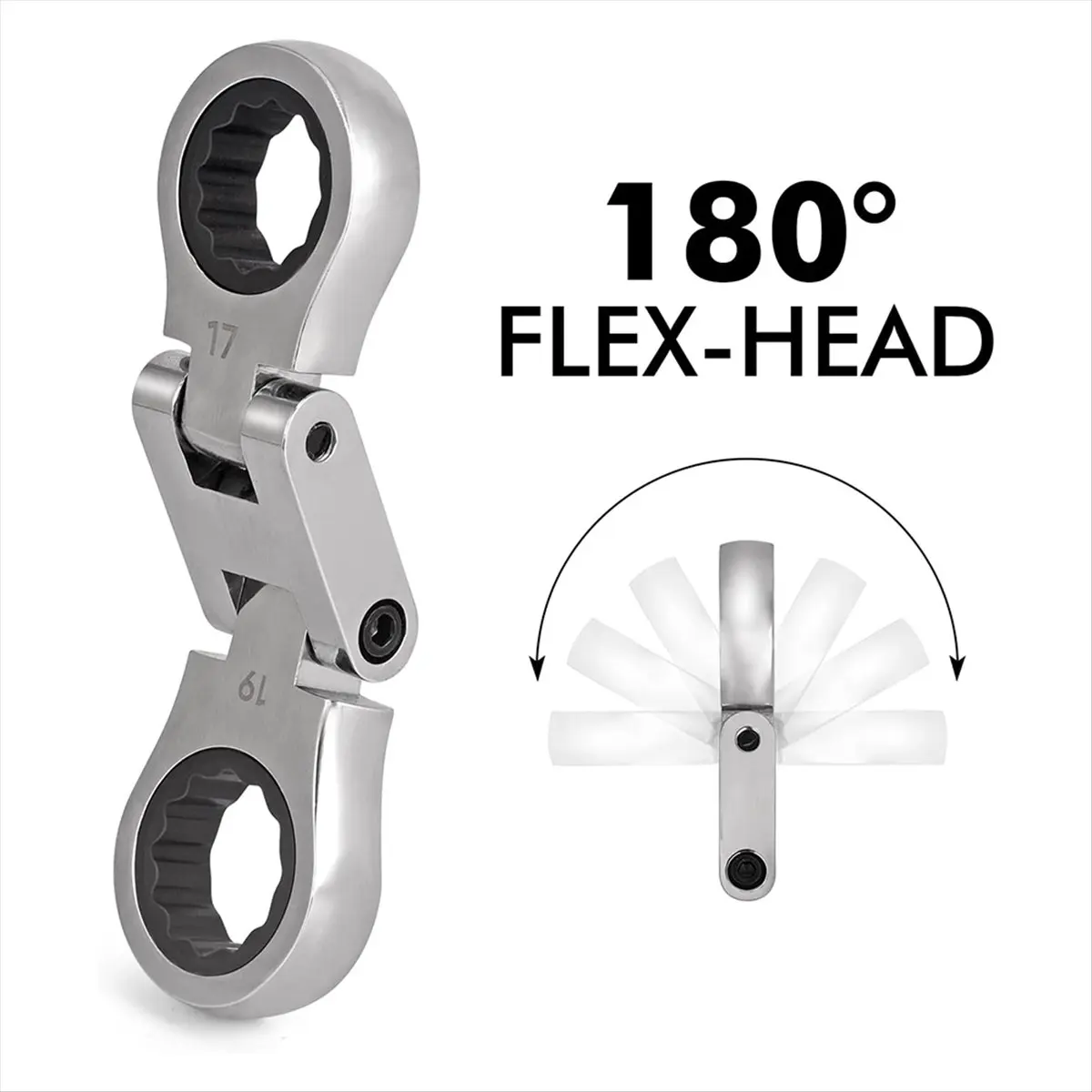 FTGT-Stubby Wrenches Set, Flex-Head Ratcheting Wrench Set Double Box End Ratchet Wrench Metric 8-19mm 5 Pieces