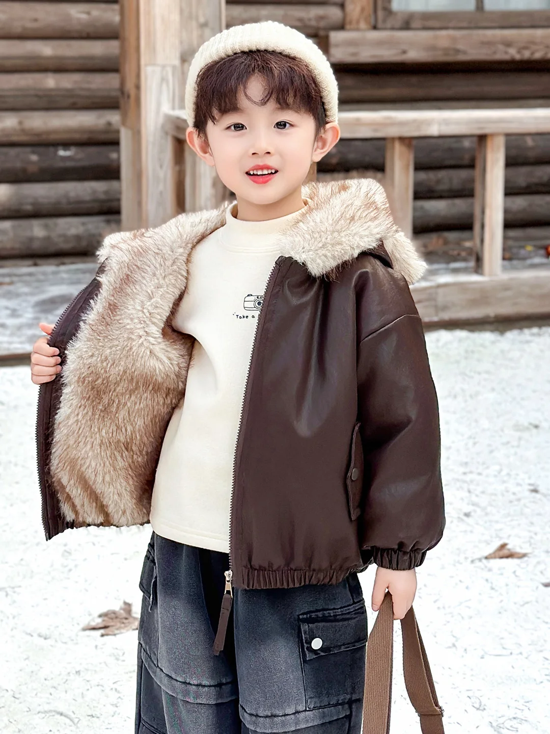 

Boys Double-Sided Wear Cotton Jaet Winter Real Leather Fce Hooded Thiened Boy's Leather Jaet Trendy Youth Casual