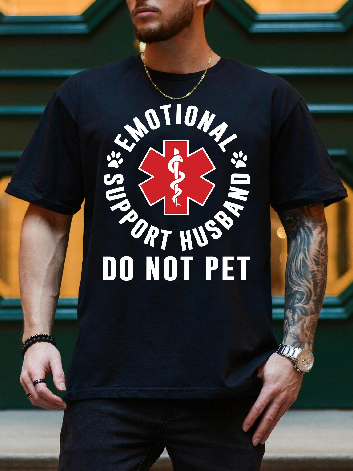 تي شيرت رجالي للاستخدام اليومي من الدعم العاطفي - تي شيرت بأكمام قصيرة ورقبة دائرية للرجال، تي شيرت أسود من القطن الخالص