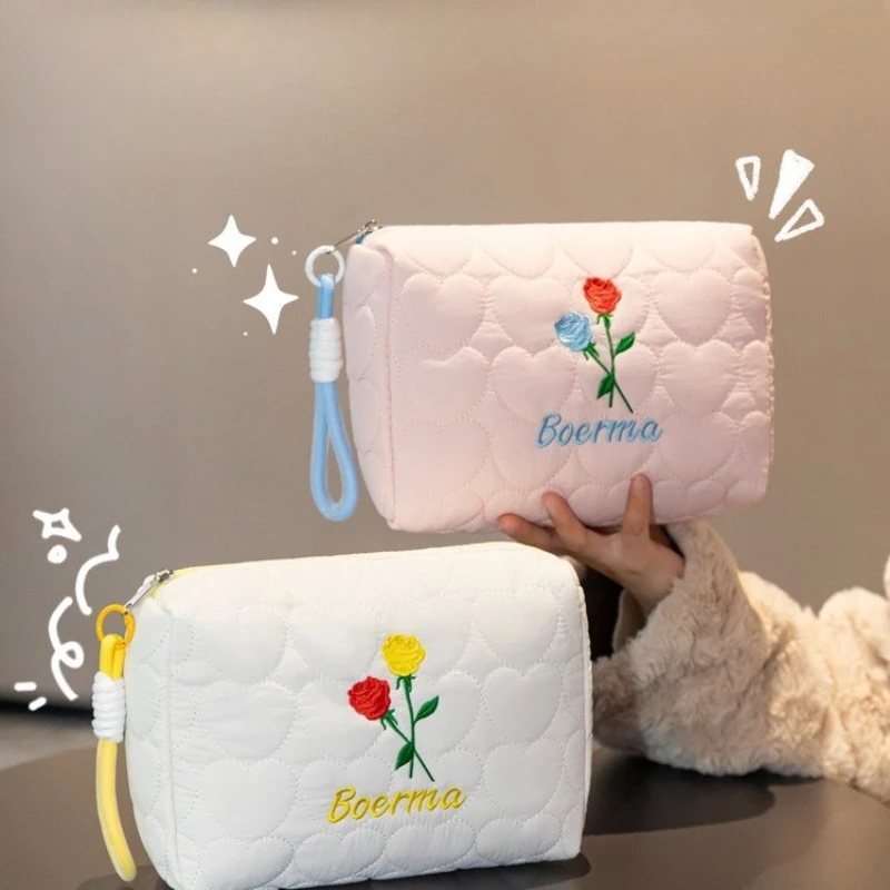 Embroidered Rose Makeup Bag for Women Large Capacity Tote Cosmetic Case Girl Travel Toiletry Organizer with Handles String