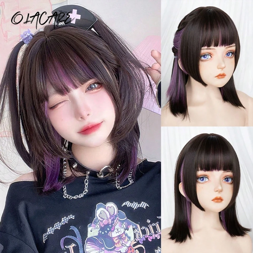 

Dark Brown Black Purple Synthetic Wigs with Bangs Medium Straight Layered Natural Hairs for Women Daily Cosplay Heat Resistant