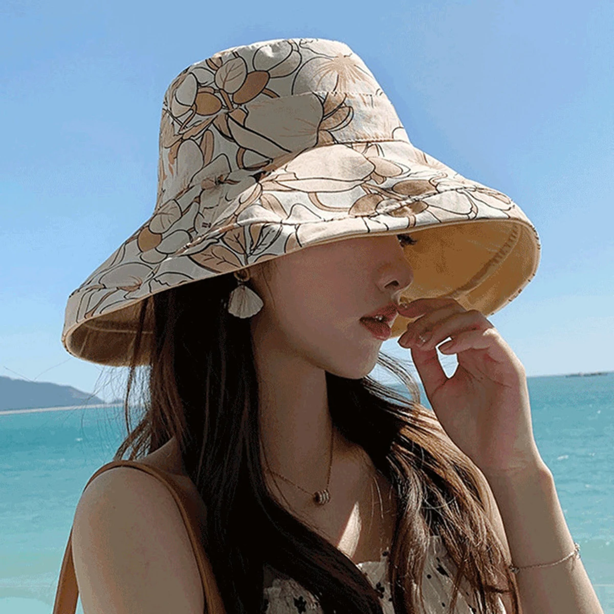 Double-Sided Bucket Hat For Women,Summer Sun Protection Full Face With Windproof Rope Flower Print Wide Brim Fisherman Hats