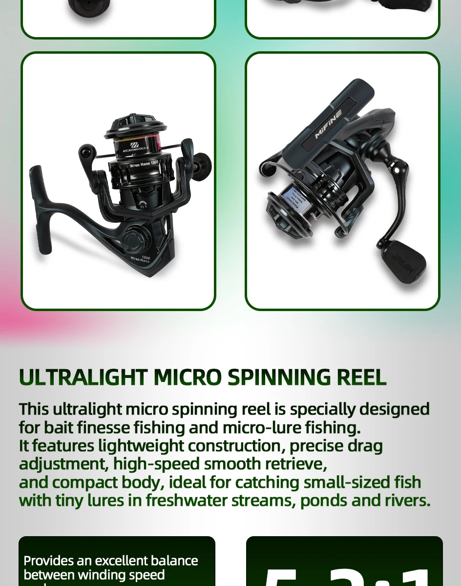 Mifine WREN NANO ULTRALIGHT SPINNING REEL Größe 800/1000 Hochgeschwindigkeits-Übersetzungsverhältnis 5,2:1 Max Bremskraft 4KG 5+1BB Angelrolle Forelle Barsch – Detail 4