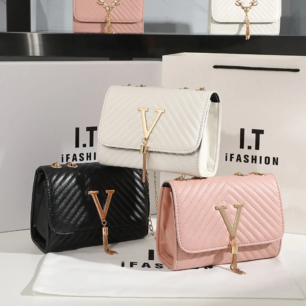 

Fashion Chain Crossbody Bag, Women's Quilted Shoulder Bag, Luxury Tassel Decor Square Purse