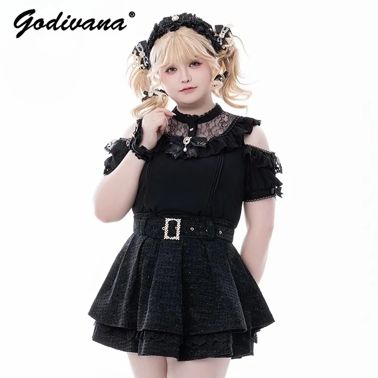 

Original Sweet Lace Pearl Off-the-shoulder Lolita Short-sleeved Blouse New Summer Cute Bow Women's Shirt Blusas Tops