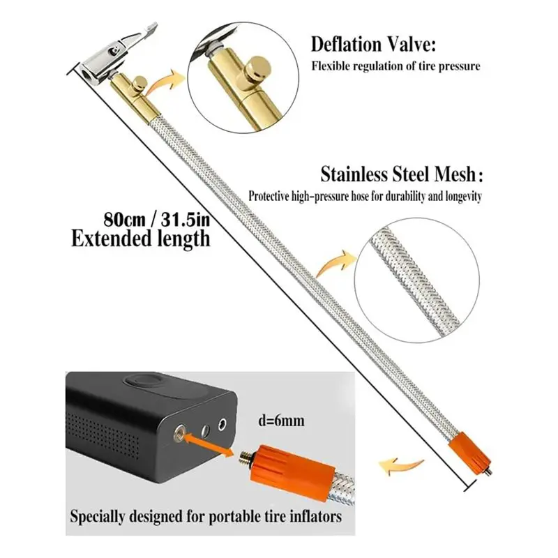 ABKW-2X خرطوم بديل لمنفاخ الإطارات لضاغط الهواء المحمول الممتد مع أنبوب مضخة هواء شبكي من الفولاذ المقاوم للصدأ