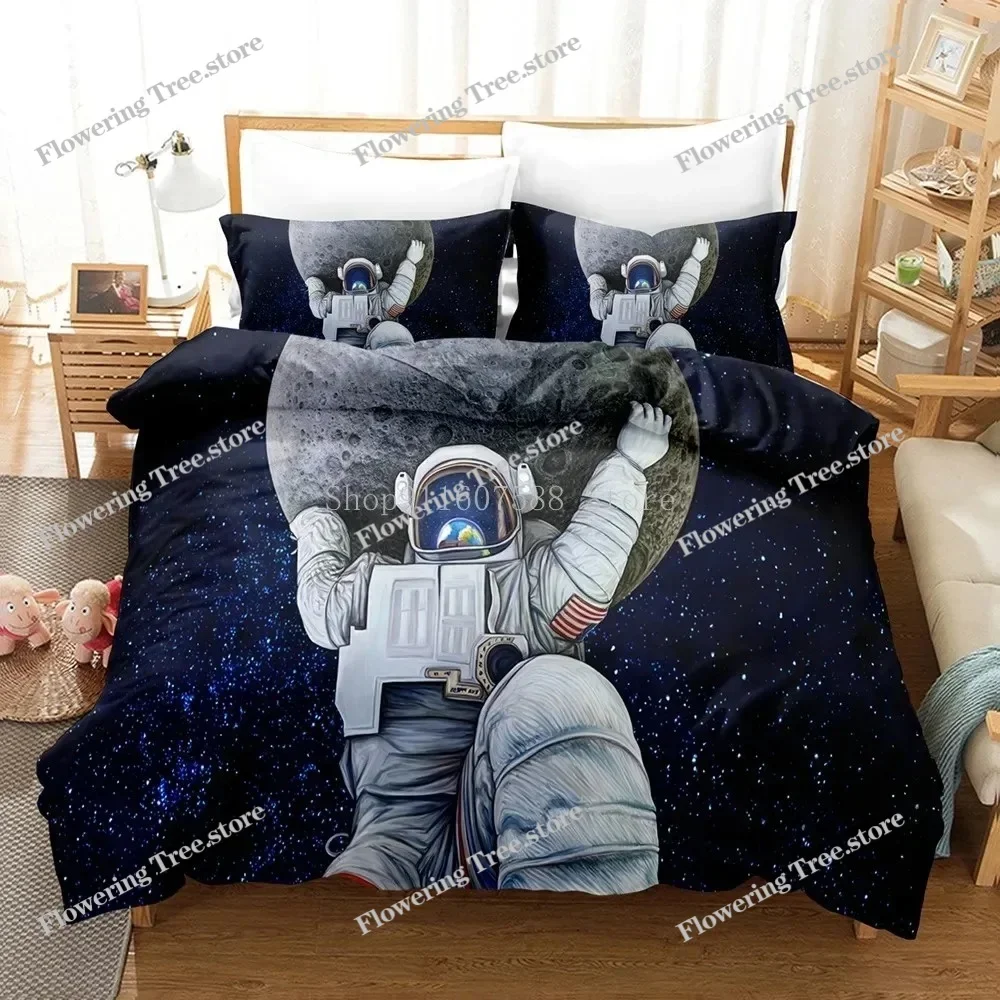 Cartoon Astronaut Outer Space Bedding Set Fashion Boys Home Bed Linen Set Microfiber Duvet Cover Set With Pillowcase