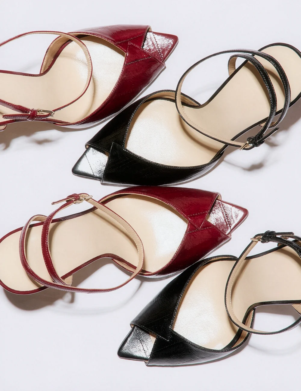 Burgundy Patent Leather Pointed Toe Stiletto Sandals Elegant Peep Toe Ankle Strap Buckle Design Thin High-Heeled Sandals