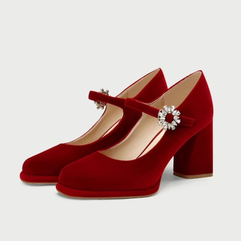 2025 Spring New Coarse Heel Pointed Shoes Women with One Line Buckle Shallow Mouth High Heels Silk Red Wedding Shoes