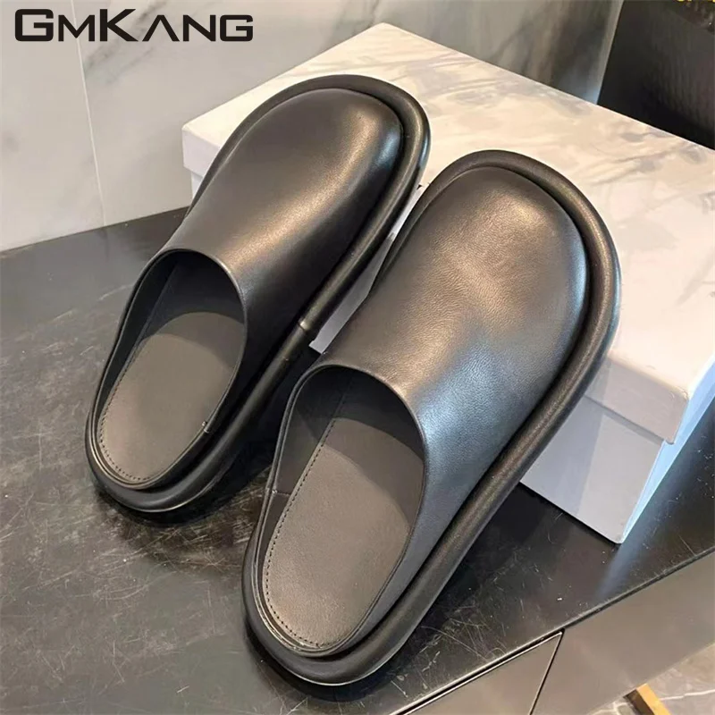 Genuine Leather Slipper Women Round Toe Black White Mules Shoes Lady Fashion Comfort Autumn Slides Woman Runway Slippers Woman