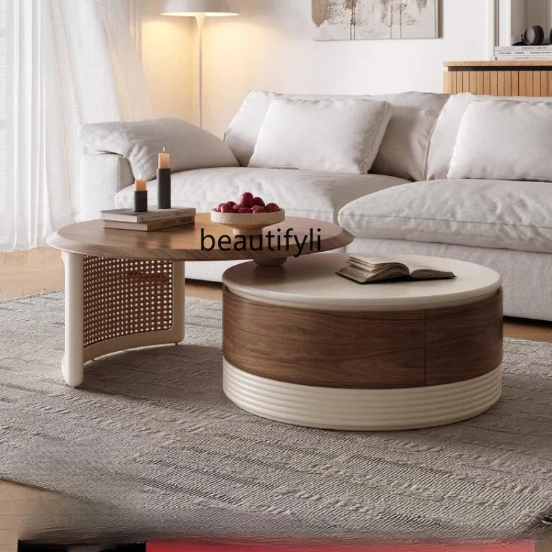 

D80 Round coffee table new living room household small apartment retractable light luxury high-end cream style