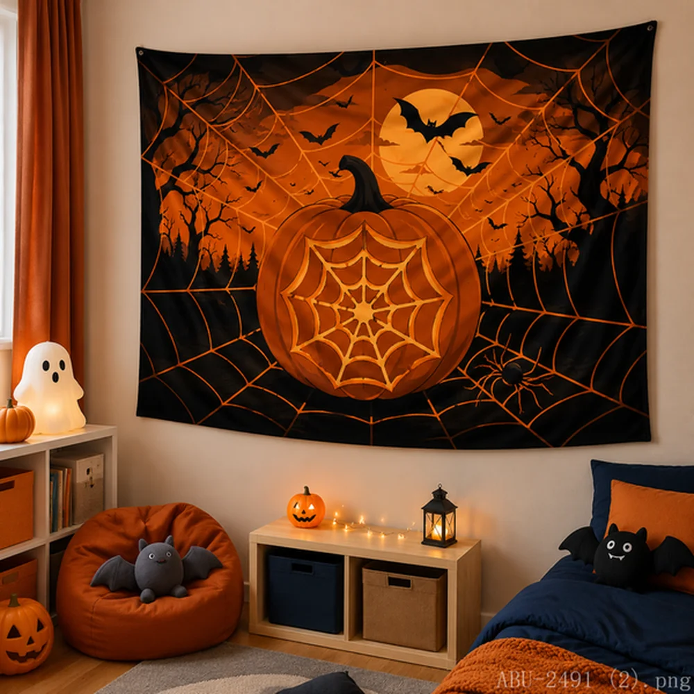 VIKAMA Halloween Tapestry – Giant Spider Web, Galaxy Nebula, Bat Silhouette, Aesthetic Dark Wall Art