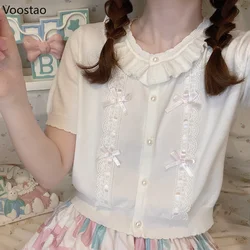 Kawaii Lolita Knitted Cardigan Summer Women Sweet Lace Bow Ruffles O-Neck Short Sleeve Sweater Harajuku Cute Girls Clothes Tops