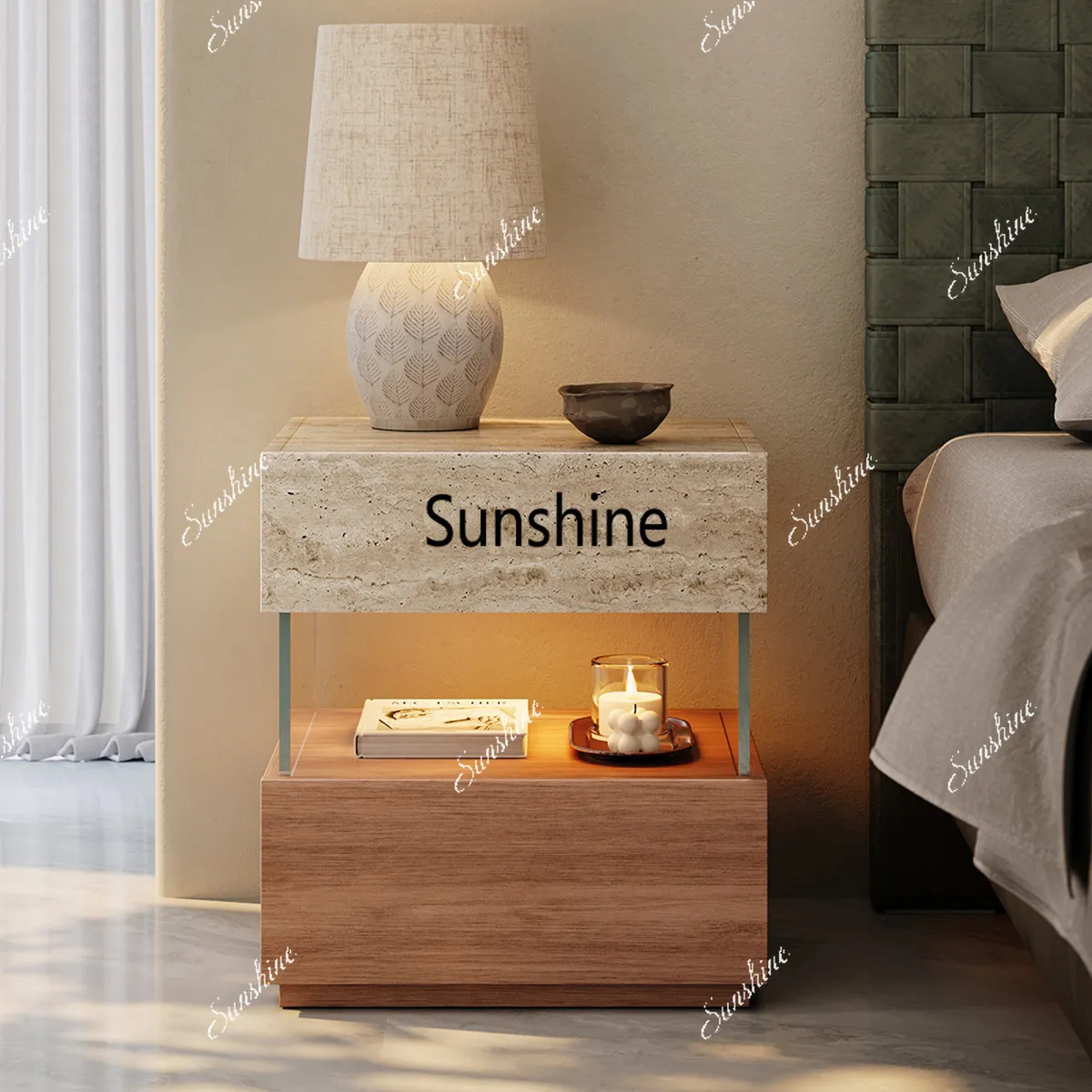 

Modern light luxury travertine solid wood bedside table Italian bedroom suspended bedside table