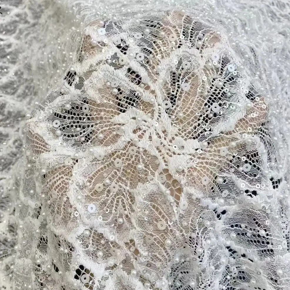 

High-end full-width pearl sequin embroidered hollow lace mesh fabric African sequin lace French mesh lace wedding dress fabric