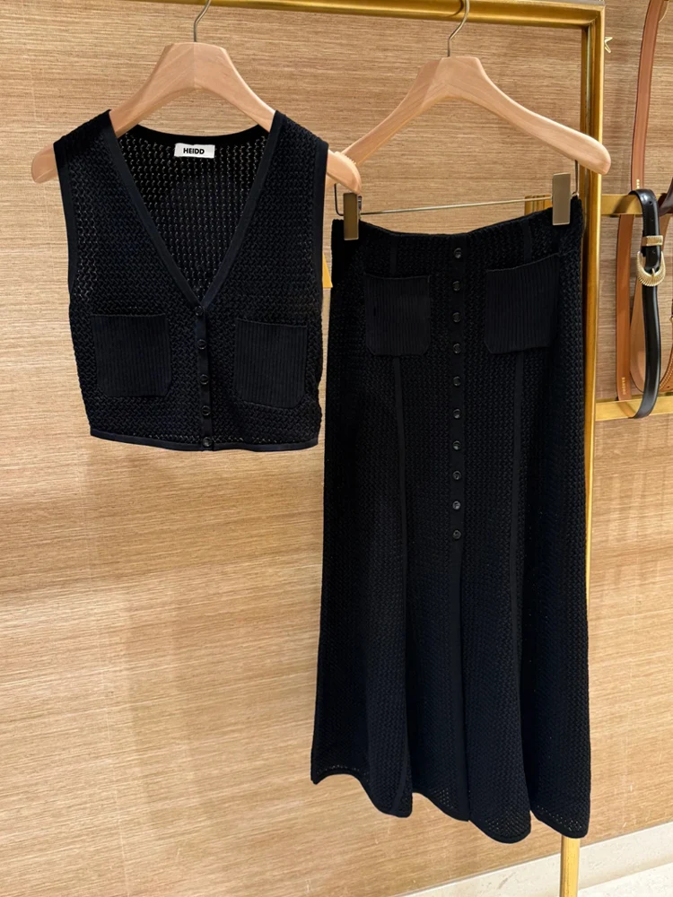 

Romantic Black Knitted Vest Midi Skirt Set Spring Summer Fashion Women's Ensemble Long Pants Short Sleeve V-Neck Button Style