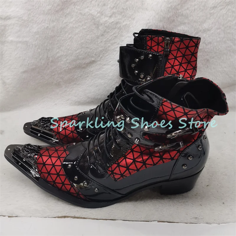 

Mixed Color High Top Chunky Heel Ankle Boots for Men Metal Pointed Toe Lace-Up Belt Buckle Chelsea Boots Male Business Shoes