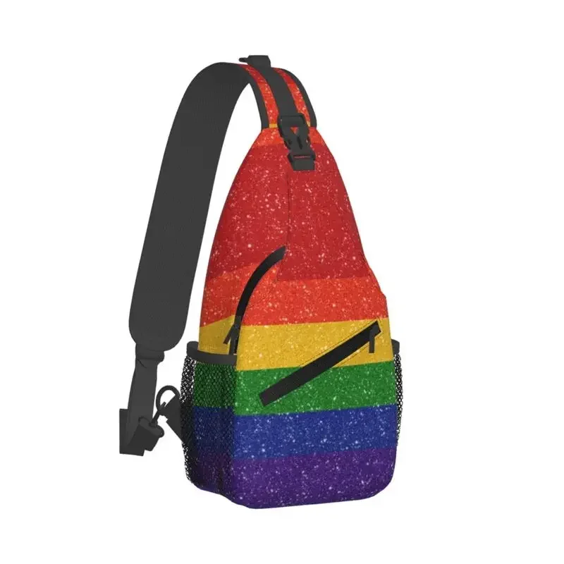 Custom Faux Glitter Rainbow Pride Flag Sling Chest Bag LGBT Gay Lesbian Shoulder Crossbody Backpack for Men Traveling Daypack