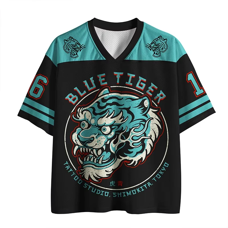 Unisex Quick Dry V Neck Sports Jersey, Vintage Blue Tiger Tattoo Graphic Print Hip Hop T-shirt, Streetwear Short Sleeve Tops