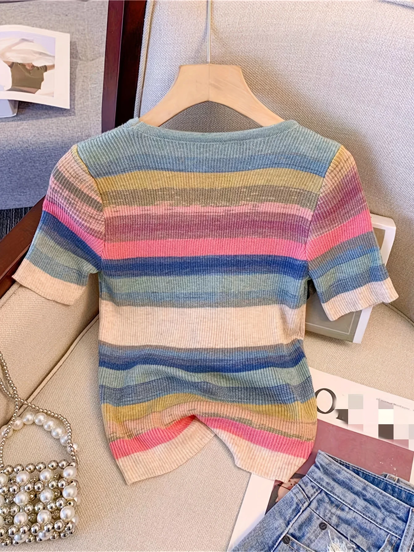2024 New Summer Striped Print Drawstring Front Knitted Pullover Vacation V-neck Short Sleeve Colorblock Top Women\'s Clothing