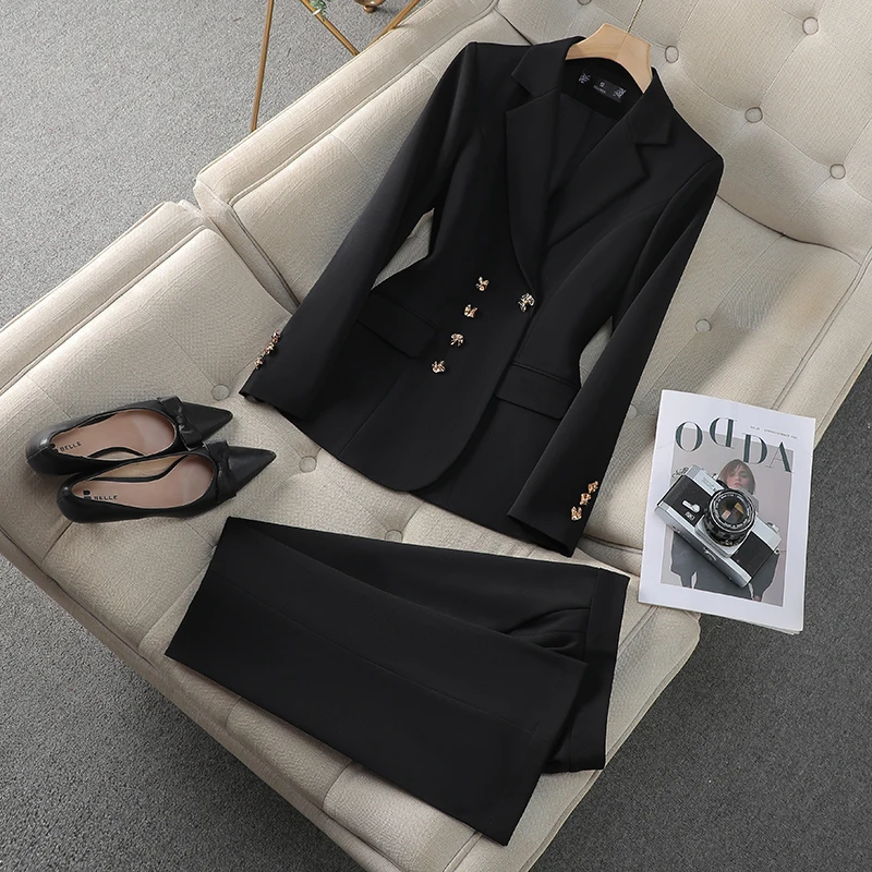 ZJYT Autumn 2024 Office Lady Business Formal Blazer Set Two Pieces Womens Outfit Elegant Long Sleeve Jacket Pants Sets Pink