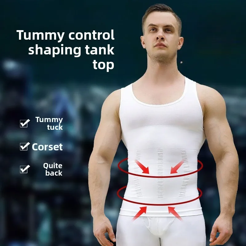 Seamless Men Shapewear Compression Tank Top, Tummy & Chest Control Slim Hide Fat Gym Workout Y-Back Undershirt