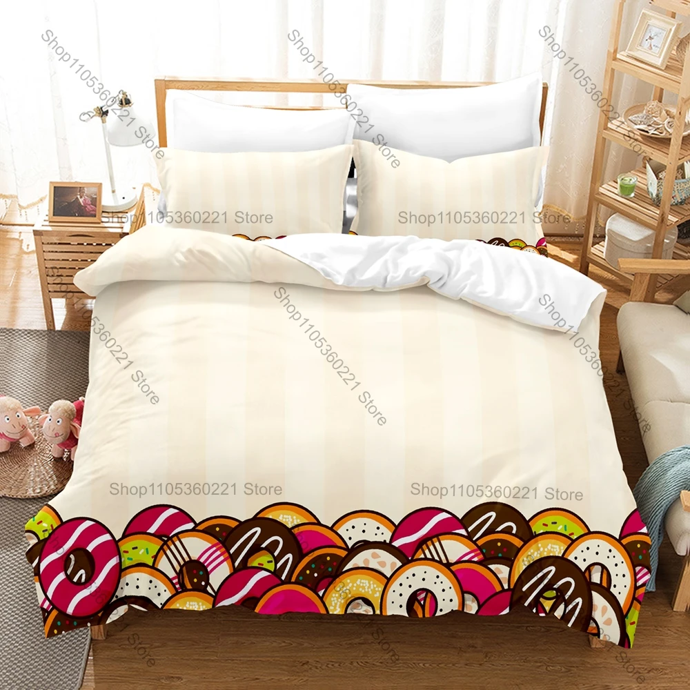 

Donut Print 3-Piece Bedding Set Soft Microfiber Duvet Cover with Pillowcases Kawaii Dessert Pattern Bed Set for Kids Bedroom
