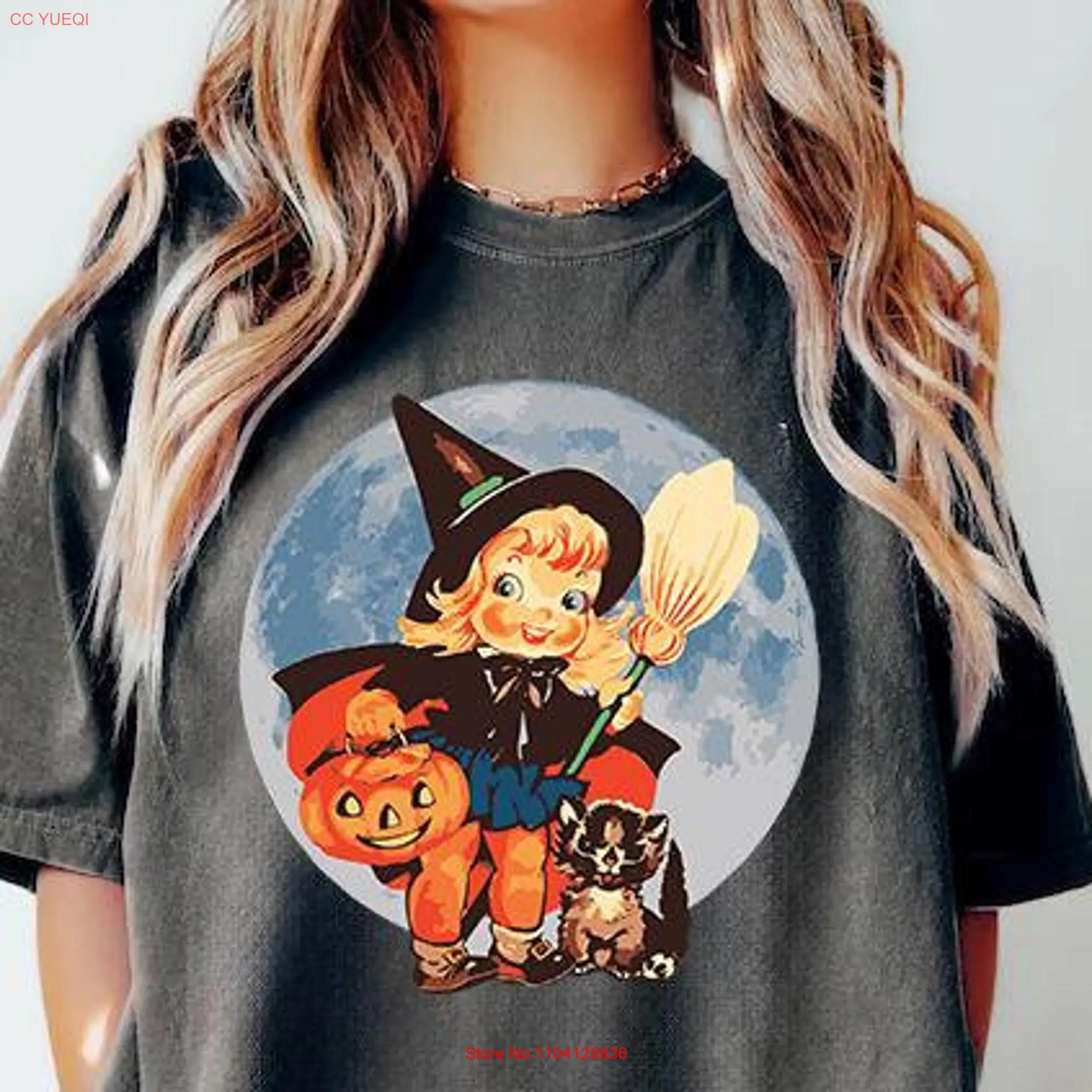 Retro Little Witch T Shirt Halloween Spooky Season CaT  long or short sleeves