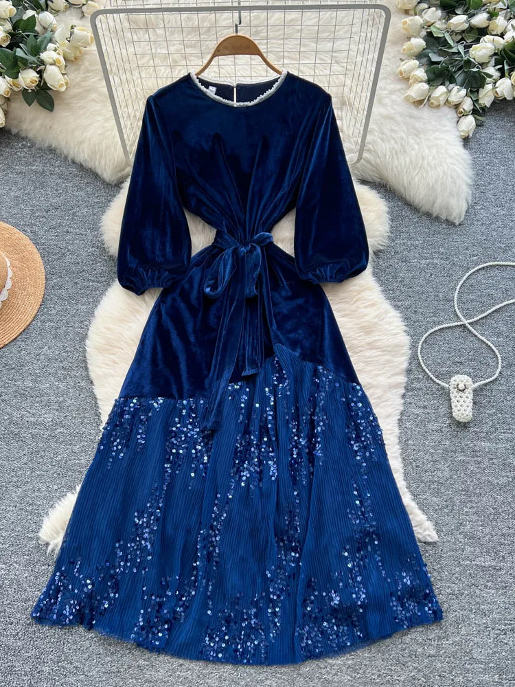   Abito lungo in velluto con paillettes Me Wrap Vita lunga Sve rotondo Ne per donna Ricamo pesante A-Line Estate Ci Pendolarismo Dr