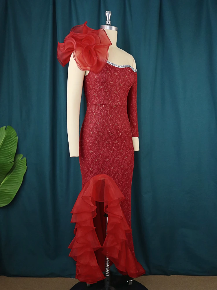 Koronkowa patchworkowa sukienka damska na jedno ramię falbany z wysokim stanem Bodycon nieregularne impreza urodzinowa suknie duży rozmiar 4XL