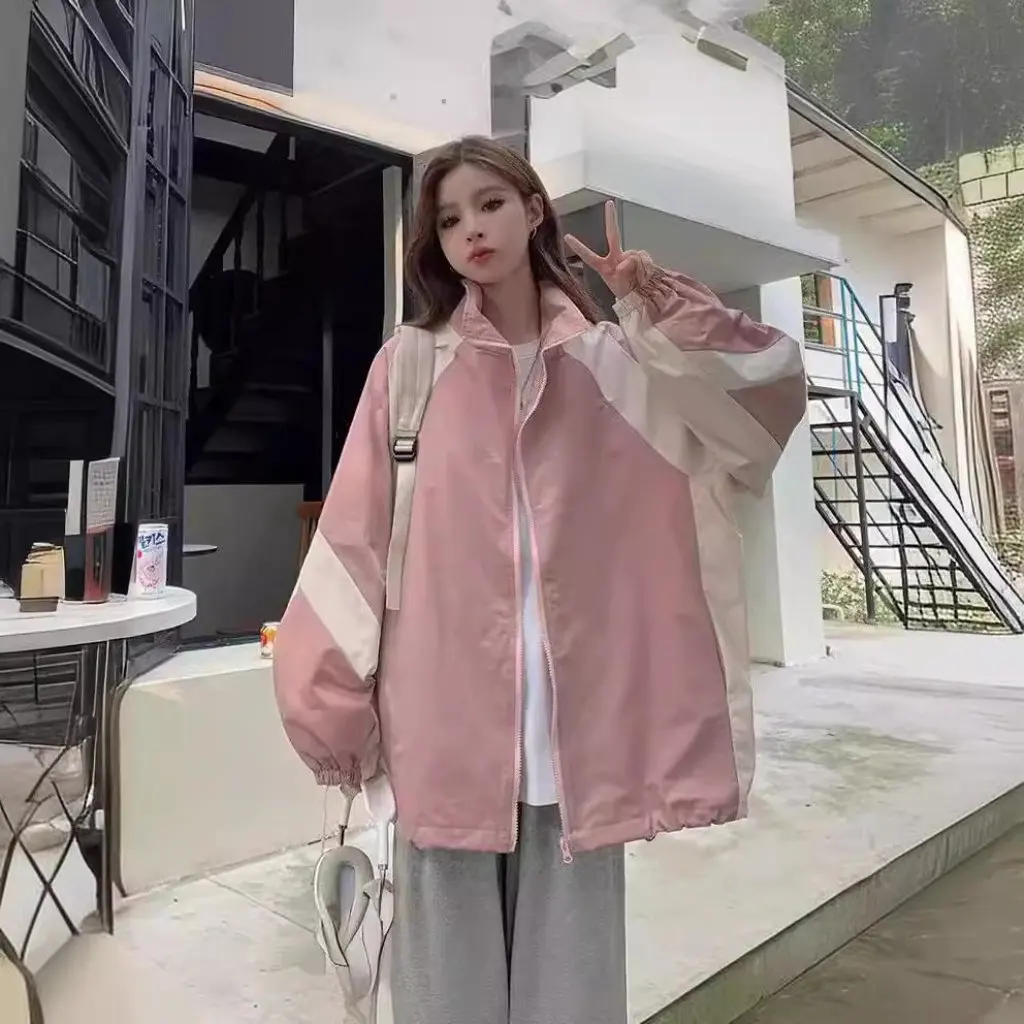 

Girls Color Matched Baseball Uniform Jacket Loose Leisure Charge Top for Spring Autumn Junior And High School Students