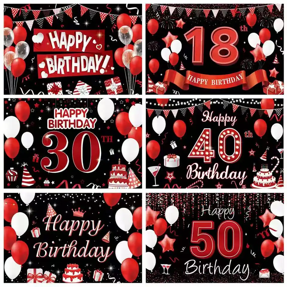 

Red and Black Balloon Birthday Background 18 30 40 50th Birthday Party Decoration Banner Women and Men Photography Background