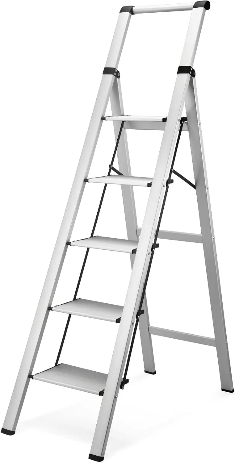 

5 Step Ladder, Aluminum Ladder with Handrails, Folding Step Stool for Adults, 330LBS Capacity Sturdy& Portable Ladder for Home K