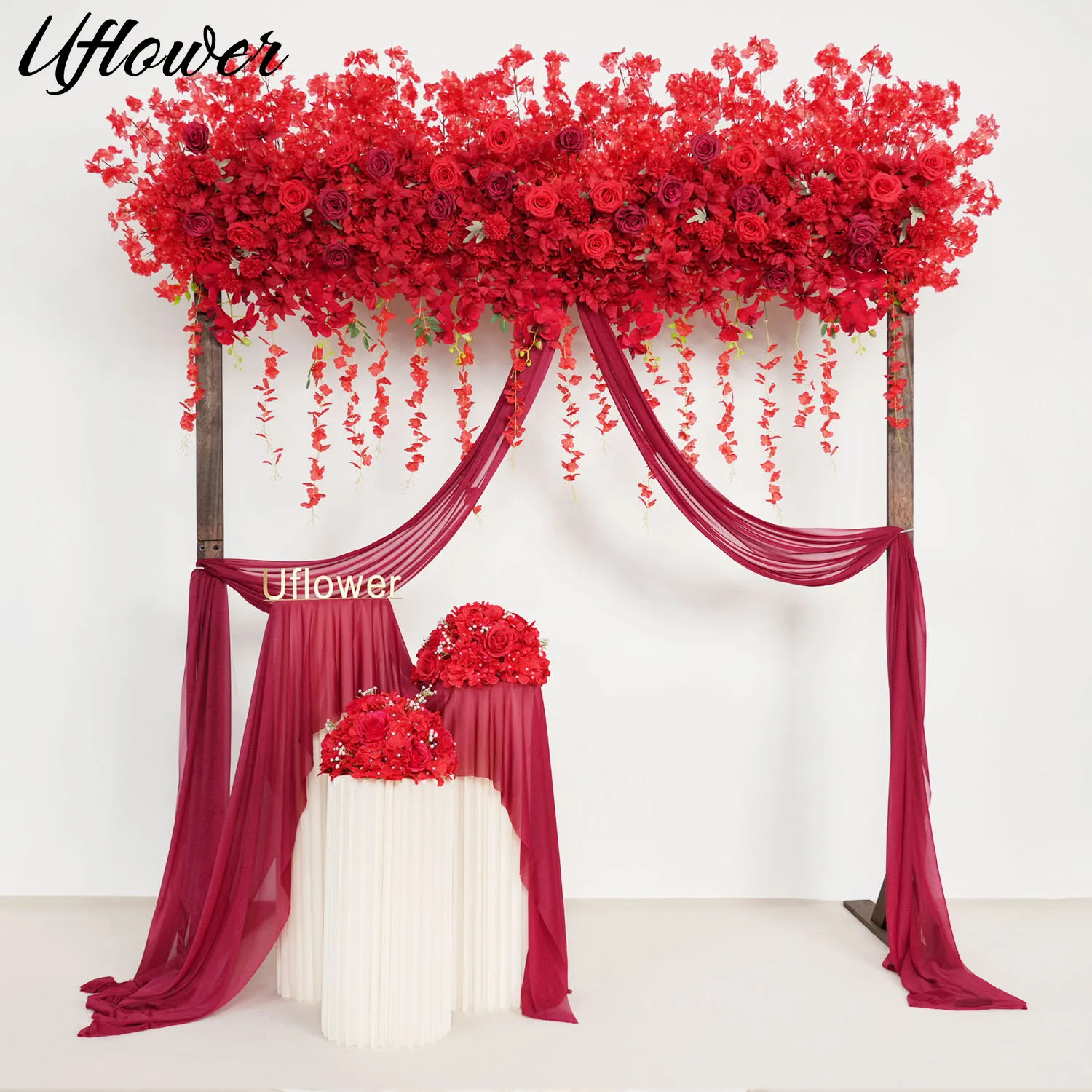 Uflower Luxury Red Rose Cherry Blossom Hang Wisteria Floral Arrangement Wedding Backdrop Decor Flowers Row Event Party Props