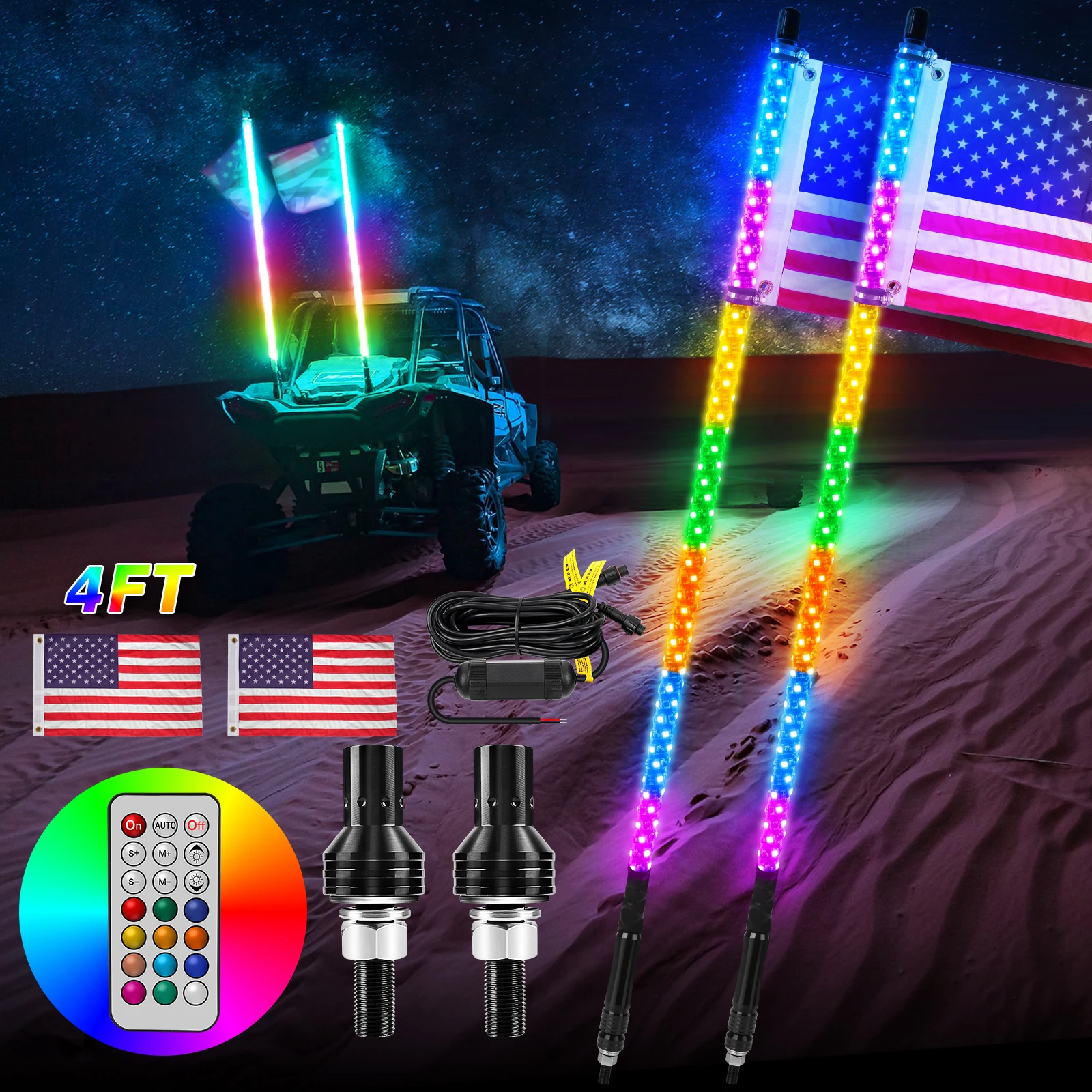 

Mictuning 2pc 4 FT LED Whip Light with Flag & Remote Control Antenna Whip Light for ATV UTV RZR Truck