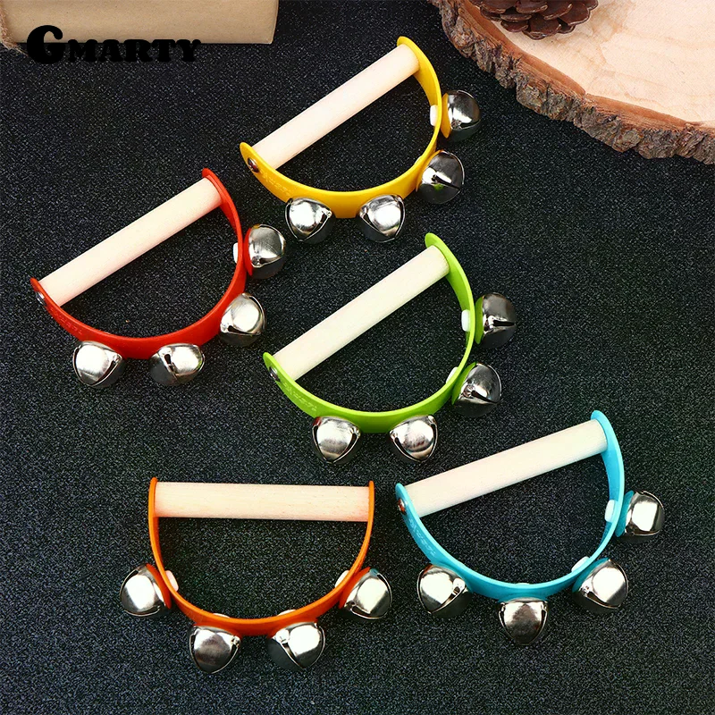Wooden Half Round Hand Ringing Bell Children Tambourine Musical Orff Instruments Clapper Handle Educational Fun Toys
