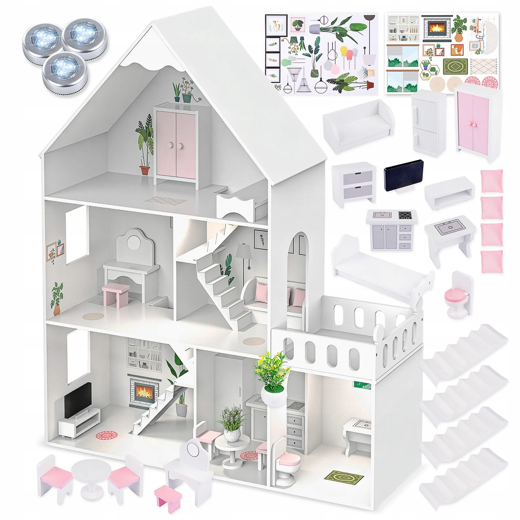 Großes Haus für Holzspielzeug KINDERPLAY LED Villa XXL 118CM Möbel Garage