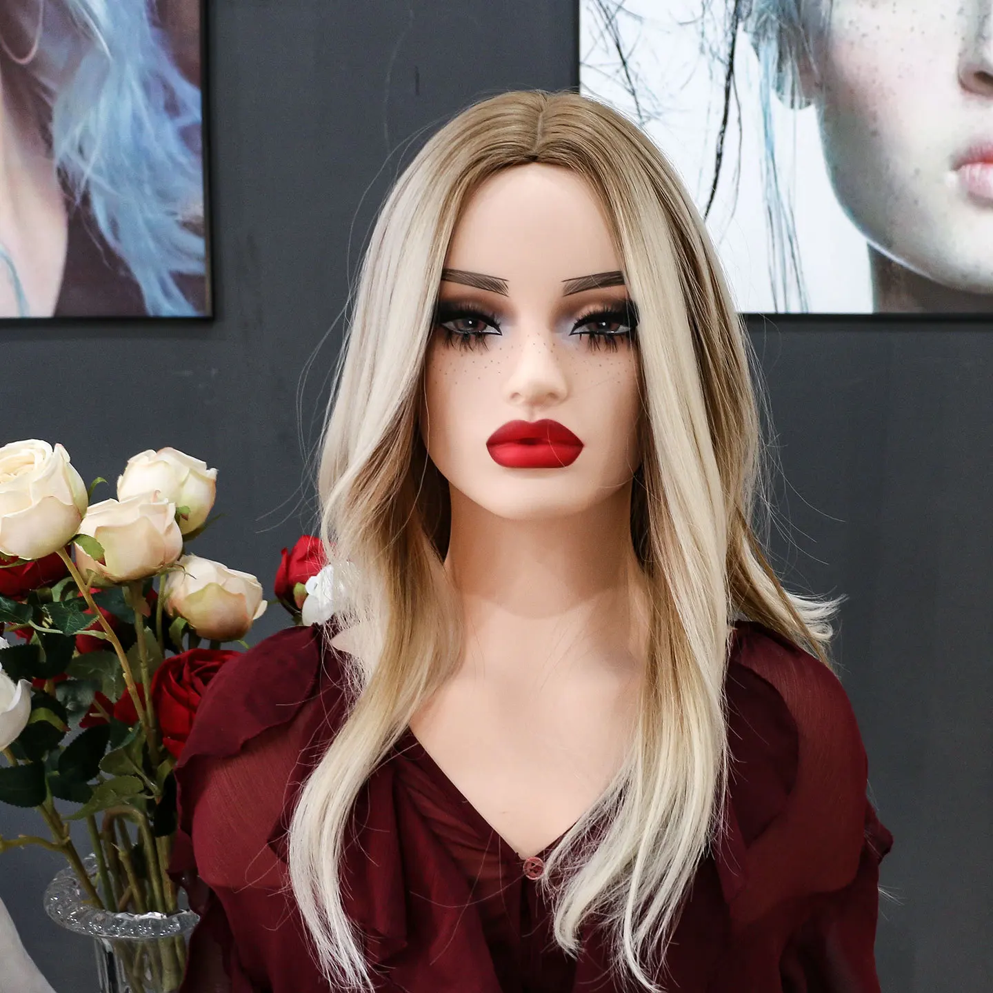 Female Mannequin Head with Shoulders, White Skin Makeup & Freckles Wig Display Head for Styling, Braiding, Wig Making Salon shop