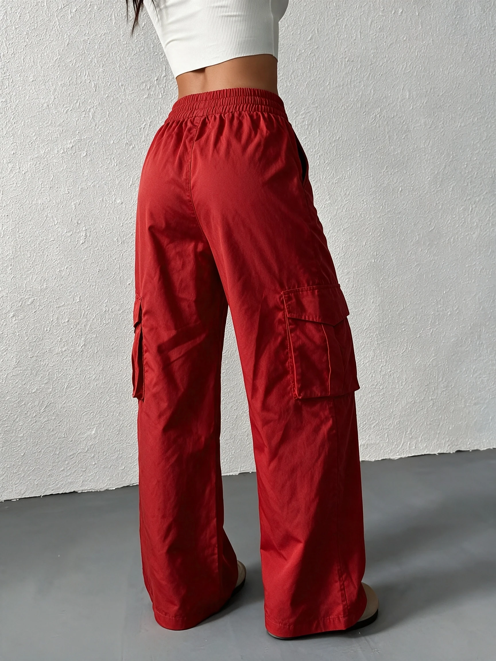 Multi-Color Women Cargo Pants Drawstring Elastic Waist Wide Leg Trousers Fall Ourdoor Casual Solid Side Flap Pockets Loose Pants