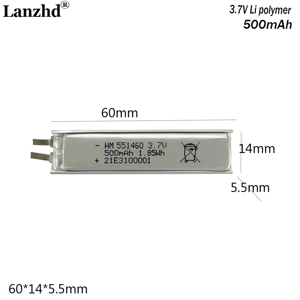 

3.7V polymer battery For point reading pen LED light measuring instrument calculator selfie stick cell 551460 500mah