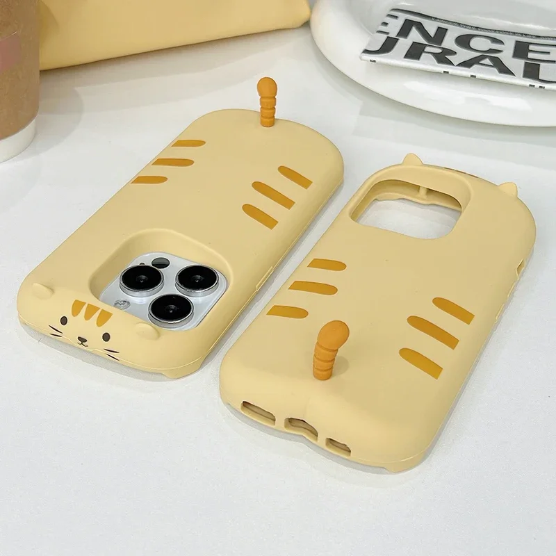 

Sweet Cute 3D Cat Tail Yellow Silicone Phone Case For iPhone 16 Pro Max 13 15 14 Plus Soft Shockproof Back Cover Shell