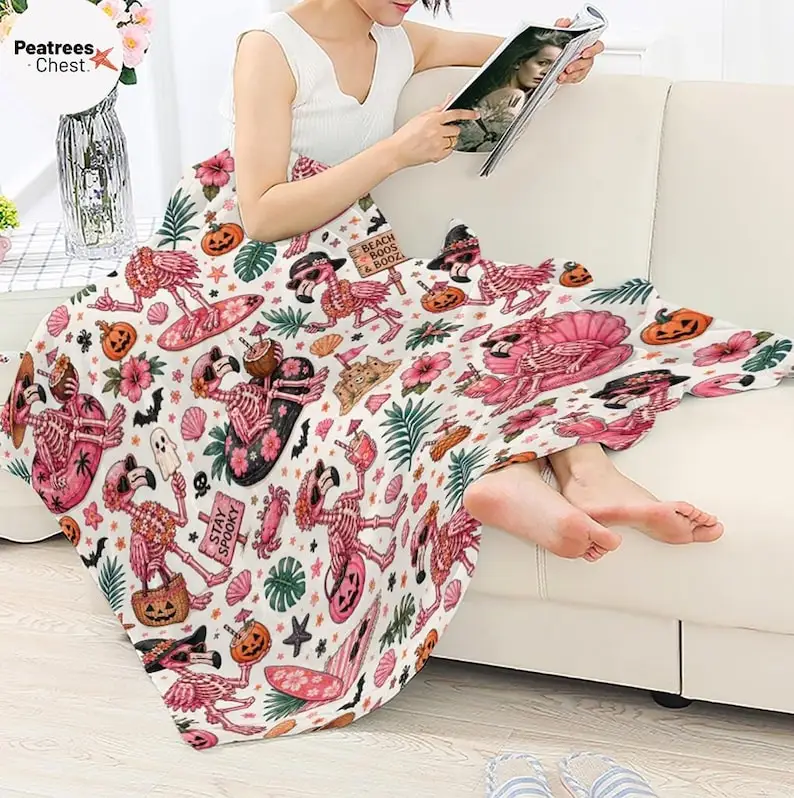Summerween Flamingo Skeleton Blanket, Spooky Tropical Halloween Throw Blanket, Pink Flamingo Pool Party Blanket, Beach Boos Vacation Gift