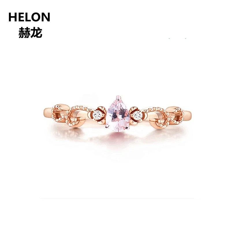 Solid 14k Rose Gold Natural Diamonds Engagement Wedding Ring 4x6mm Pear Pink Morganite Ring Fine Jewelry Women Vintage