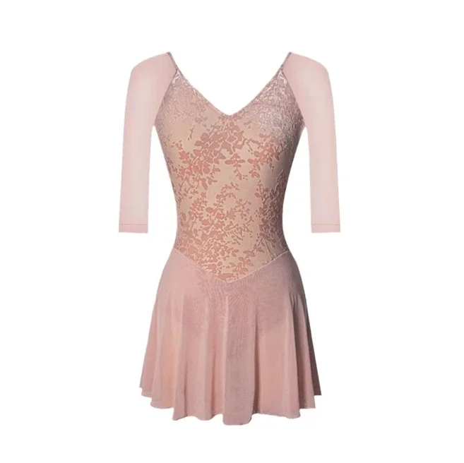 Flocked Burnout Floral Belt Skirt Leotard, Gymnastics Bodysuit Air Yoga Outfit Ballet Practice Dance Wear for Women
