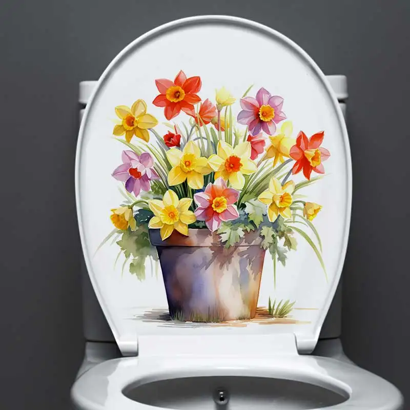 Watercolor Potted Daffodils Wall Sticker Bathroom Toilet Decor Living Room Cabinet Refrigerator Home Decoration Decals S835